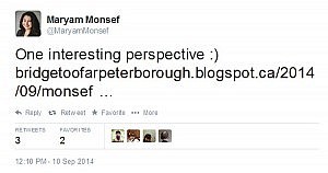 Monsef's tweet to the blog post. A tweeter commented "Comparing the physical appearances of you and your opponents is insulting to all of you. What a bizarre article." Monsef replied "This whole thing has been pretty unbelievable."