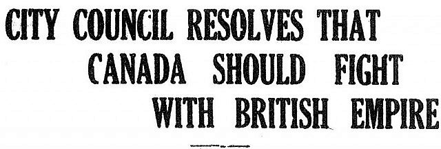 From Peterboriana: Headline from the Peterborough Morning Times on August 5th 1914, the day after Canada officially entered the First World War, which would cost the lives of more than 600 Peterborians by the time it was finished