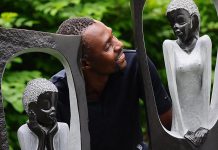 ZimArt's 2014 artist-in-residence Vengai Chiwawa poses with his "Romeo and Juliet". A remarkably similar story to the Shakespeare play is told in Zimbabwe. (Photo: Paul Hodgkinson)