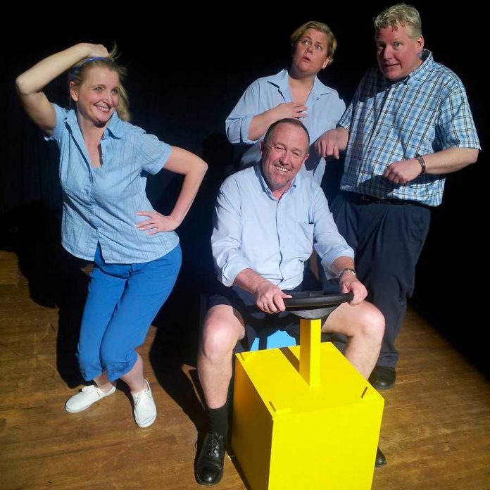 Anna Black, Mark Whelan, Sarah Quick and James Barrett as four of the nearly 30 different characters they portray in the Globus Theatre production "Sunshine Express", playing until November 15th at Lakeview Arts Barn in Bobcaygeon (photo: Sam Tweedle)