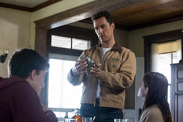Astronaut-turned-farmer Cooper (Matthew McConaughey) with children Tom (Timothée Chalamet) and Murphy (Mackenzie Foy) before he sets out on the interstellar journey