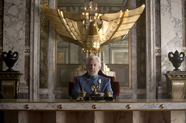 Donald Sutherland reprises his role as the malevolent President Snow