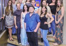 The Purple City Chorus (left to right: Chelsey Bennett, Rob Phillips, Kevin Sieana, Matt Crowley, Beau Dixon, Grainne Ryan, Carling Stephen, producer Sam Tweedle, Jeffrey Danger, Bloody Boy Blue, Scarlett Grace, Meg O'Sullivan, Kent Randall, Andrew Curtis, Missy Knott, Kate Suhr)