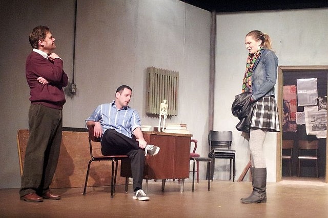 Christopher Spear as Professor Galbraith, Justin Boyd as Jeffrey, and Julia Johnston as Pixie Finley in Hannah Moscovitch's "Essay"