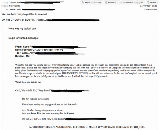 "You are both crazy to put this in an email": one of the leaked emails from the Sony Pictures hack (via Val Brokesmit's @BikiniRobotArmy Twitter account)