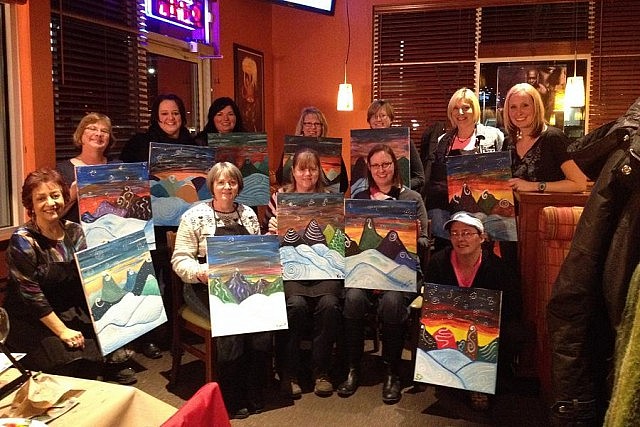 At the end of each Spirits and Splatters event, like this one at Boston Pizza Lindsay in January 2015, participants leave with a completed unique painting