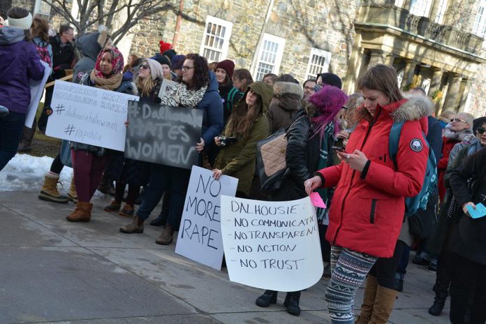 A community protest against Dalhousie University's response to misogynistic Facebook posts by some of its male dentistry students. CBC has released results of an investigation on the number of sexual assaults reported over a five-year period at Canadian universities (photo: Nick Holland/The Watch)