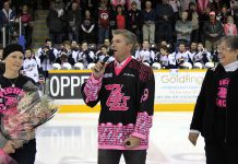 Celebrity sports anchor and honourary co-chair Dan O'Toole speaks at the pre-game ceremony for the 6th annual "Pink in the Rink" along with Anita Blackbourn (who is battling breast cancer) and Anita Record or the Canadian Cancer Society Manager (photo: Pearl Dixon/Peterborough Petes)