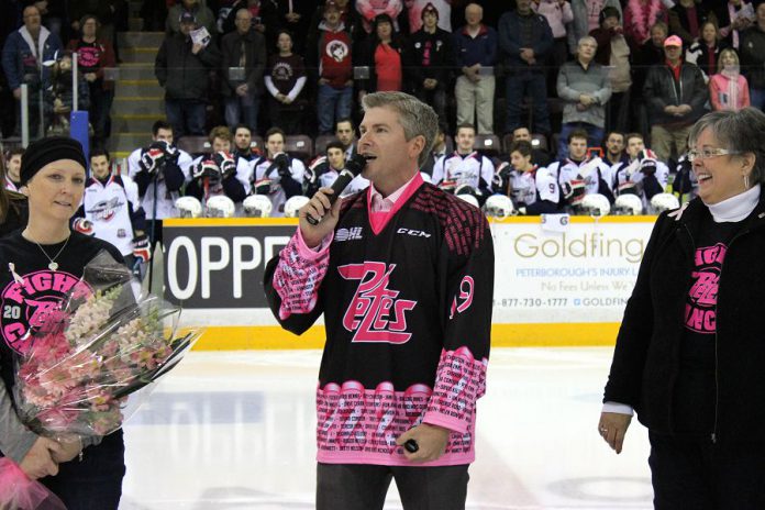 Celebrity sports anchor and honourary co-chair Dan O'Toole speaks at the pre-game ceremony for the 6th annual "Pink in the Rink" along with Anita Blackbourn (who is battling breast cancer) and Anita Record or the Canadian Cancer Society Manager (photo: Pearl Dixon/Peterborough Petes)