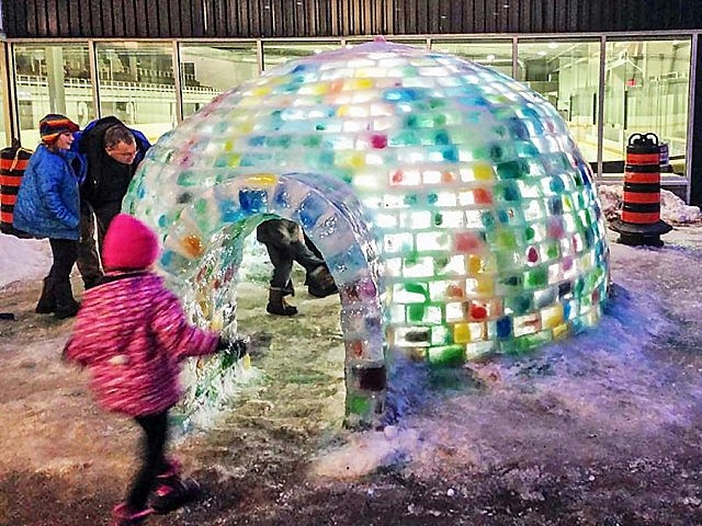 Last year's rainbow igloo at night, lit from within