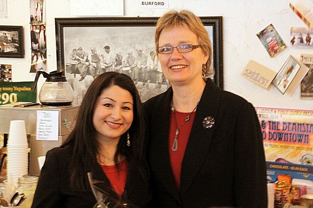 Maryam Monsef with Cammie Jaquays, who withdrew her candidacy from the federal Liberal nomination and is now supporting Monsef's campaign