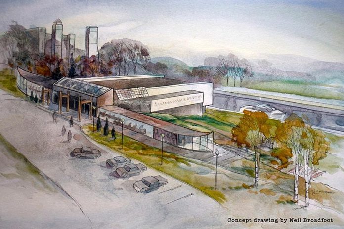 A concept drawing from 2014 of the Canadian Canoe Museum at its new location at the Peterborough Lift Lock. The museum has now launched a competition for architects to develop actual design concepts for the new museum. (Drawing: Neil Broadfoot)