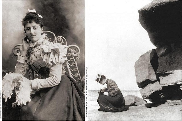 Two of the photos from SPARK's showcase exhibit "Lucy Maud Montgomery: A Life in Pictures". The first is an 1891 portrait of Montgomery at age 17. The second is Montgomery's snapshot of friend Nora Lefurgy taking photos on the Cavendish Shore in the early 1890s. (Photos printed from Archival and Special Collections, University of Guelph with permission of the Heirs of L.M. Montgomery Inc.)