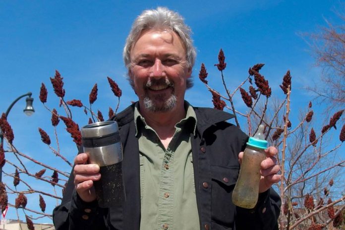 Local musician Al Black, who recently organized a clean-up group called the Shining Waters Chain Gang, displays discarded items he found while cleaning up the Little Lake shore line at Millennium Park in downtown Peterborough last Sunday. There are numerous other spring cleanups happening around the region, including at Peterborough's Jackson Park on Saturday, April 25th. (Photo: Steven Leak)