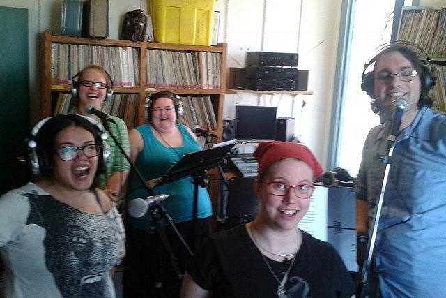 Trent Radio produced its final live radio drama for the 2015 spring broadcasting season on Sunday, April 19th. Pictured are Stephanie Cann, Shannon Culkeen, Jess Grover, Jamie Campbell and Trent Radio program director James Kerr. (Photo: Jill Staveley)