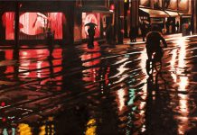 Rob Niezen is one of the featured artists at The Bike Art Show at The Gallery in the Attic from June 1st to 27th. The evocative nature of Niezen's gleaming oil paintings of rain-drenched urban night scenes have an enduring appeal for good reason (photo courtesy of Gallery in the Attic)