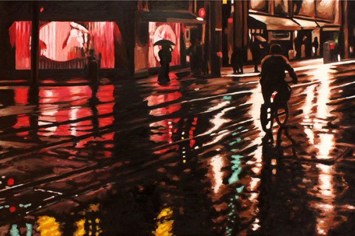 Rob Niezen is one of the featured artists at The Bike Art Show at The Gallery in the Attic from June 1st to 27th. The evocative nature of Niezen's gleaming oil paintings of rain-drenched urban night scenes have an enduring appeal for good reason (photo courtesy of Gallery in the Attic)