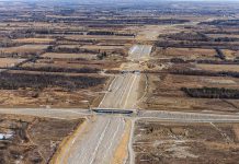 An aerial photograph from January 2015 of the first phase of the Highway 407 East project, looking east from Salem Road in Ajax. The second phase of the project, extending Highway 407 to Highway 35/115, will begin in the fall of 2015. (Photo courtesy of 407 East Development Group)