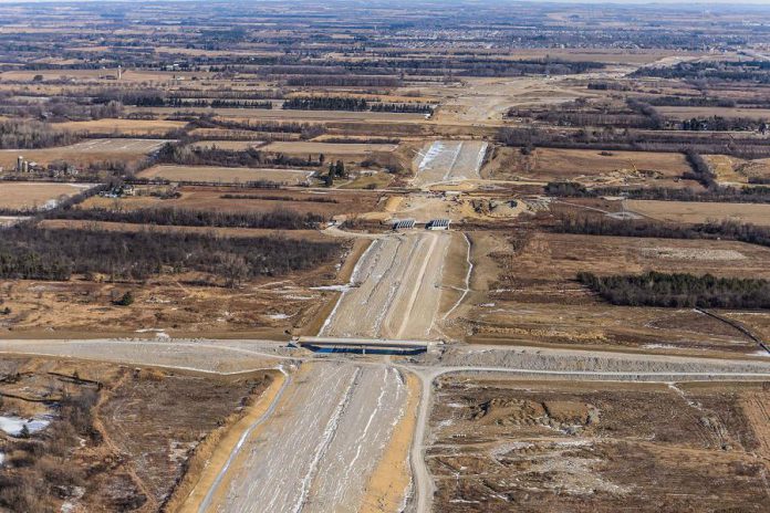 An aerial photograph from January 2015 of the first phase of the Highway 407 East project, looking east from Salem Road in Ajax. The second phase of the project, extending Highway 407 to Highway 35/115, will begin in the fall of 2015. (Photo courtesy of 407 East Development Group)