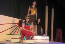 Marina Zielke as Amnaris, Cameron Von Criegern as Radames, and Hope Clarkin as Aida in Thomas A. Stewart Secondary School's Musical Theatre Class production of "Aida" (photo: Sam Tweedle / kawarthaNOW)