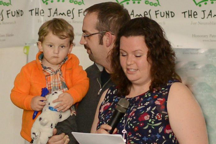 Candice Ward, with her husband Steve and son Jake (who was diagnosed with neuroblastoma at six months old), speaks at the evening reception during the Nexicom James Fund Golf Classic on June 1st. Guests heard firsthand just how much it means for a family facing this dreaded disease to know they aren't alone.