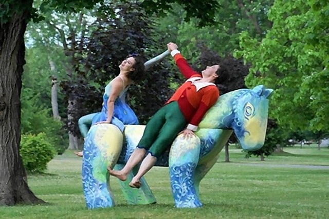 "Bella", choreographed by Danny Grossman, is a charming love duet inspired by the opera music of Puccini and the art of Marc Chagall. Michael Caldwell and Meredith Thompson will perform in Peterborough; pictured are Andrea Nann and Gérald Michaud from a previous performance. (Photo: Yvonne Chew)