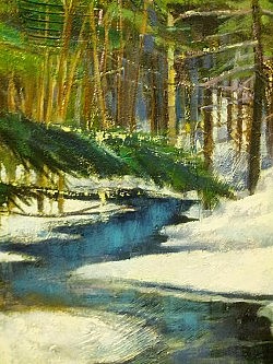 "Winter on the Mississauga" (detail shown here) is a more representative painting engraved with heavy strokes and visceral marks