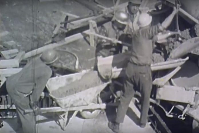 Pouring the concrete foundation of the fountain, which weighs 35 tonnes