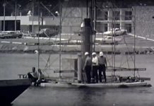 The Peterborough Chamber of Commerce has digitized an old 16-mm documentary that describes the building of the Centennial fountain, seen here being towed to its final location in Little Lake