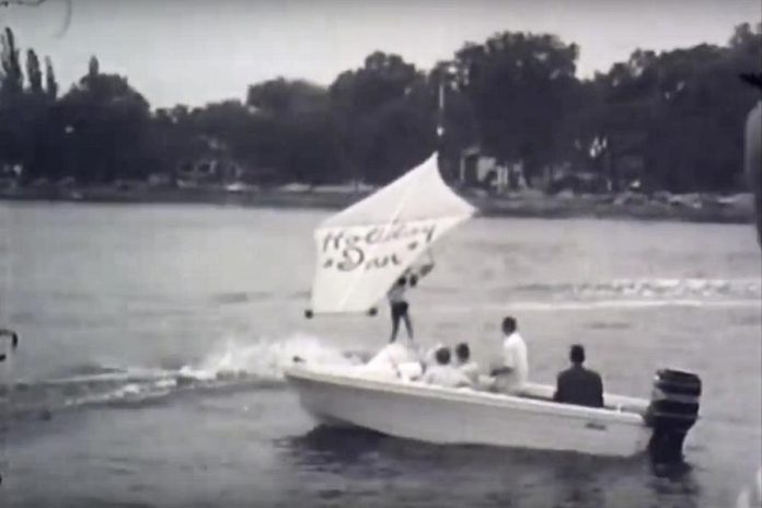 The launch ceremony included a demonstration by the Peterborough Waterski Club (note the old Holiday Inn logo)