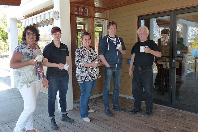 Showplace staff taking a coffee break at the nearby Silver Bean Cafe: Theresa Foley, Jennifer Sek, Emily Martin, Ray Henderson, and Ray Marshall (photo: a friendly bystander)