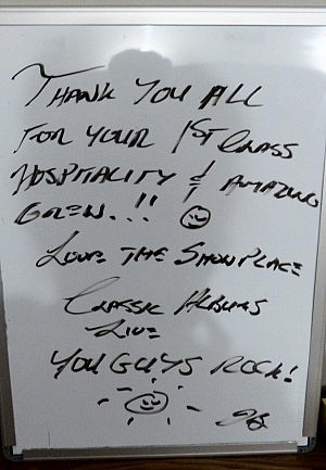 The efforts of Showplace staff and volunteers do not go unnoticed by performers, judging from this thank-you note from Classic Albums Live (photo: Kait Dueck)