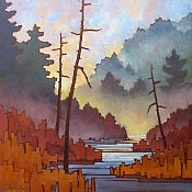 There is a very interesting contrast in this painting by Joyce Burkholder of a natural scene painted in an almost art deco style.