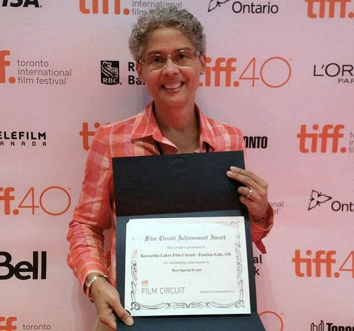 Kathryn Rogers, Chair of the Kawartha Lakes Film Circuit, accepts the Best Special Event Film Circuit Achievement Award during the Toronto International Film Festival (supplied photo)