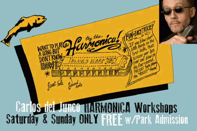 Harmonica player Carlos Del Junco will be providing free harp lessons (and harps) on Saturday and Sunday afternoon