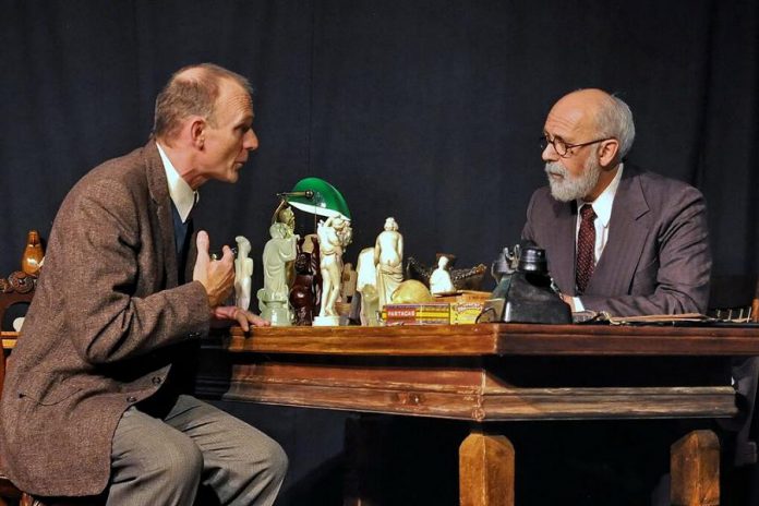 Michael Valliant-Saunders as C.S. Lewis and Wyatt Lamoureux as Sigmund Freud in the Peterborough Theatre Guild's production of "Freud's Last Session" (photo: Brian Crangle)