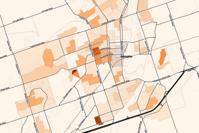This map from Census Mapper shows the density of children of prime trick-or-treating age in Peterborough (map: Census Mapper, MountainMap Software)
