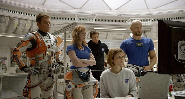 Matt Damon, Jessica Chastain, Sebastian Stan, Kate Mara, and Aksel Hennie as the crew of the Mars mission