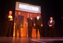 Tim Jefferies, Keevin Carter, Nate Axwell, Andrew Little, and Darcy Mundell perform in St. James Players' production of Mel Brooks' classic "The Producers"
