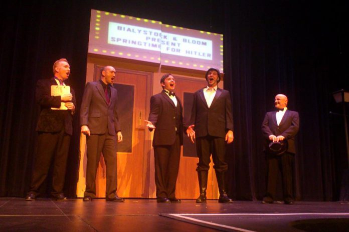 Tim Jefferies, Keevin Carter, Nate Axwell, Andrew Little, and Darcy Mundell perform in St. James Players' production of Mel Brooks' classic "The Producers"