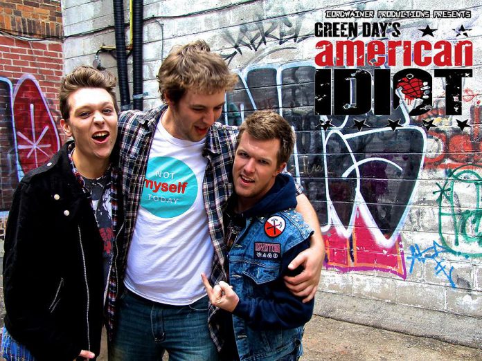 Ryan Hancock, Andrew Little, and Taylor Beatty star as Johnny, Will, and Tunny in Cordwainer Productions' production of Green Day's "American Idiot: The Musical" at Peterborough's Market Hall December 4 to 10