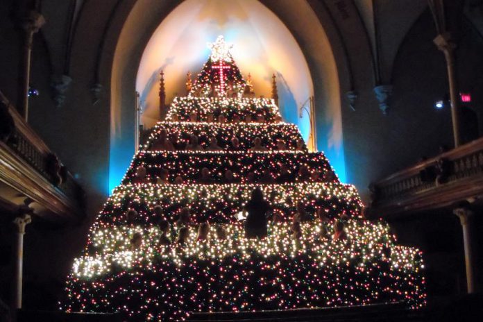 The Living Christmas Tree at St. Andrew's Presbyterian Church in Lindsay in all its glory