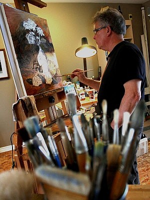 Accomplished artist Michel St-Jean at work on a painting. Michel has been painting in oil and watercolour for over 50 years, and offers drawing and painting workshops in Classical Realism at his studio in Peterborough.