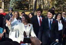 Peterborough-Kawartha MP Maryam Monsef (centre back) as she accompanies Prime Minister Justin Trudeau and other MPs to swearing-in ceremony at Rideau Hall in Ottawa on November 4. Monsef was appointed to the position of Minister of Democratic Institutions and, at the age of 30, is the second-youngest cabinet minister ever. (Photo: Steve Boyton for kawarthaNOW)