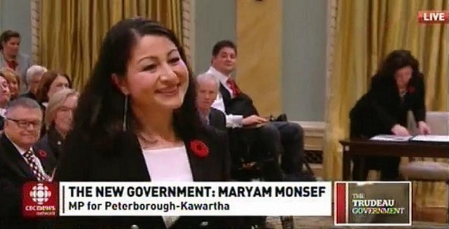 Peterborough-Kawartha MP Maryam Monsef being called to take the oath (photo: CBC Television)