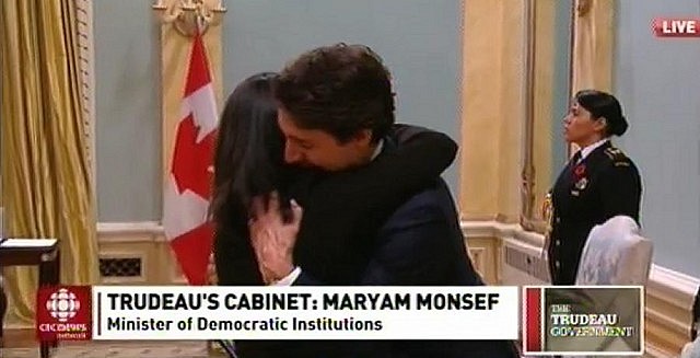 Minister Monsef being congratulated by Prime Minister Justin Trudeau (photo: CBC Television)