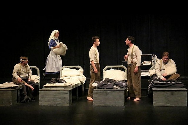 David Adams as Sid, Emily McFarland as Clare, Max Czmielewski as Mike, Kevin O'Neill as Jean-Paul, and Josh Butcher as Will (photo: Ken Hurford)