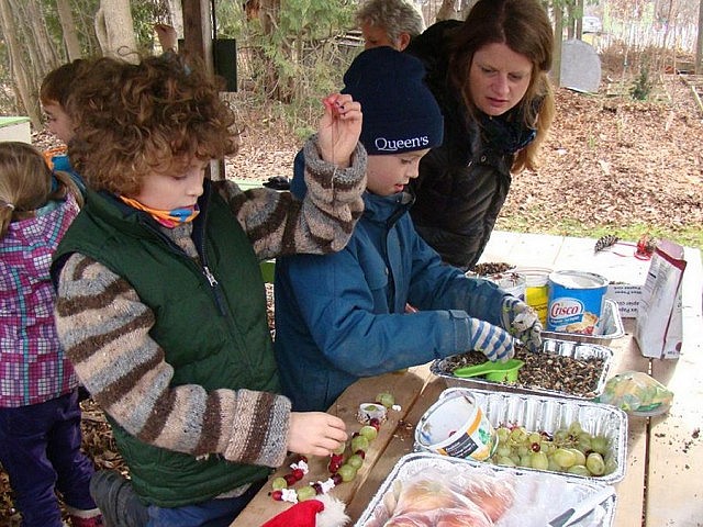 Children picked from a colourful selection of healthy oranges, apples, seeds, and cranberries to make their own holiday garlands and feeders for the birds 