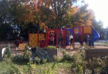 The new play structure installed at the Stewart Street Park in Peterborough, showing some of the raised beds in the community garden (photo: Jillian Bishop)