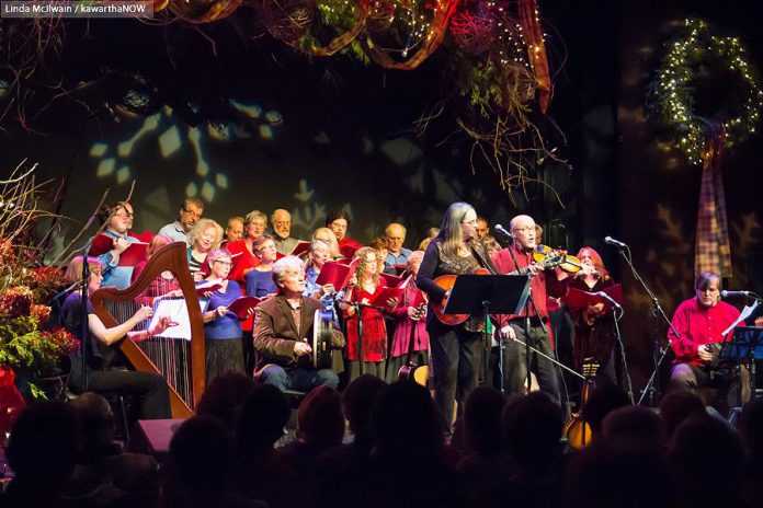 Tanah Haney, Rob Fortin, Susan Newman, John Hoffman, and Michael Ketemer, with The Convivio Chorus in the background (photo: Linda McIlwain / kawarthaNOW)